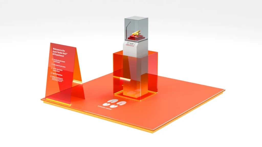 Final physical structure design by C27 for the McDonald’s Ayam Tenders McD AR activation, featuring a sleek orange-and-white acrylic display.