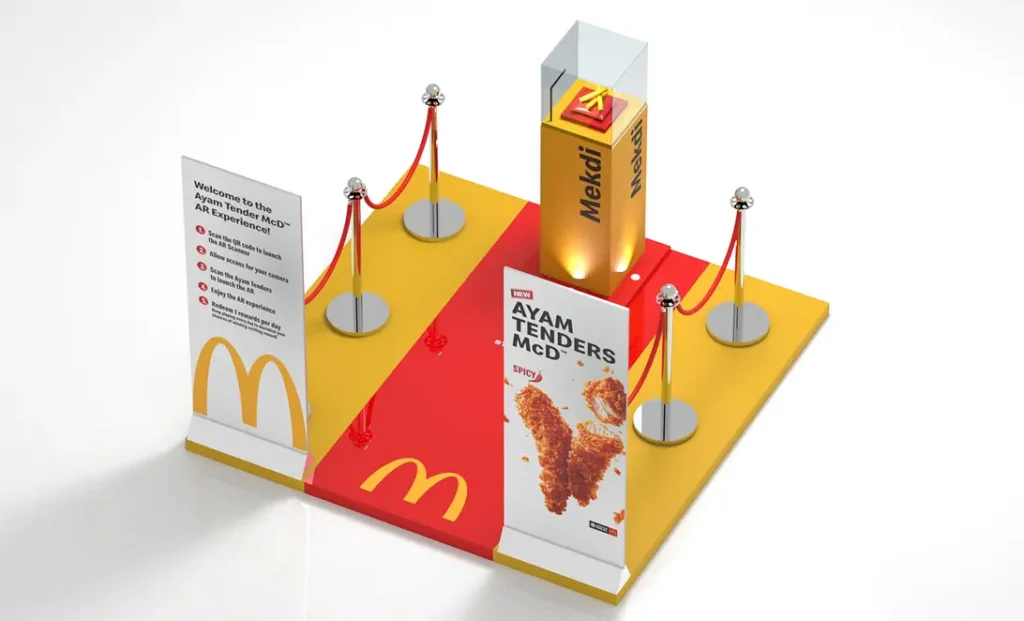 Initial physical display design by C27 for the McDonald’s Ayam Tenders McD AR activation, inspired by a luxury art-museum runway and red-carpet experience.