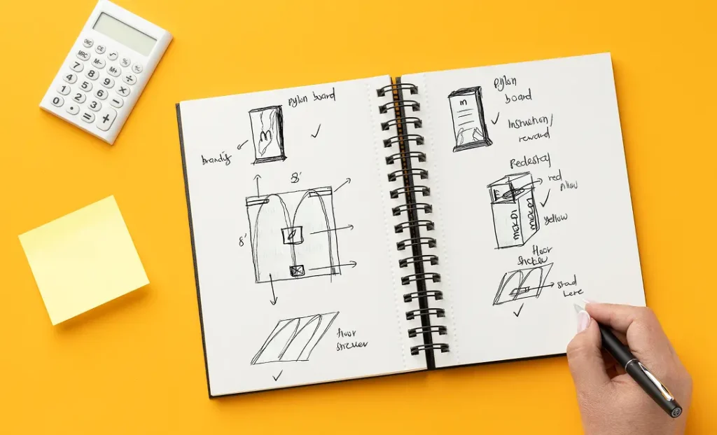 Early concept sketches by C27 for the McDonald’s Ayam Tenders McD AR activation, exploring mall installation structures that attract shoppers and guide AR interaction.